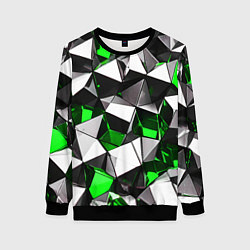 Свитшот женский Зелёно-белые рельефные треугольники на чёрном фоне, цвет: 3D-черный