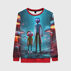 Свитшот женский Морти и Рик в сказочном неоновом грибном лесу, цвет: 3D-красный