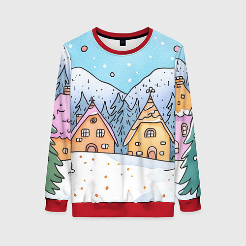 Женский свитшот Новогодние рисованные домики / 3D-Красный – фото 1