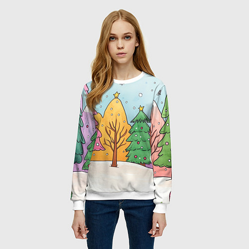 Женский свитшот Разноцветные елочки и деревья / 3D-Белый – фото 3