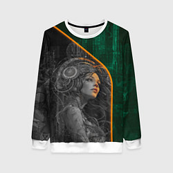 Свитшот женский Девушка-андроид в оранжевых тенях, цвет: 3D-белый
