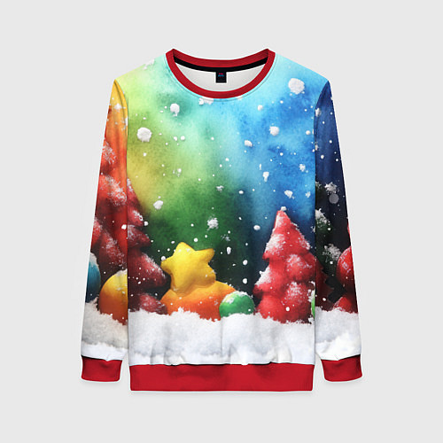 Женский свитшот Акварельные новогодние елки / 3D-Красный – фото 1