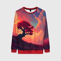 Свитшот женский Красное дерево на закате, цвет: 3D-красный