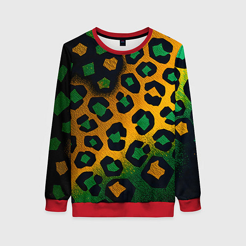 Женский свитшот Зеленые и золотые пятна леопарда / 3D-Красный – фото 1