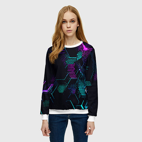 Женский свитшот Розово-голубые точки и линии на чёрном фоне / 3D-Белый – фото 3