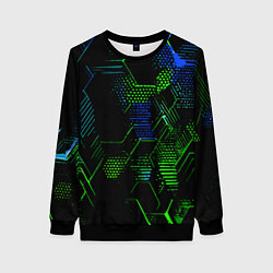 Свитшот женский Сине-зелёные точки и линии на чёрном фоне, цвет: 3D-черный