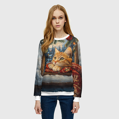 Женский свитшот Рыжий новогодний кот / 3D-Белый – фото 3