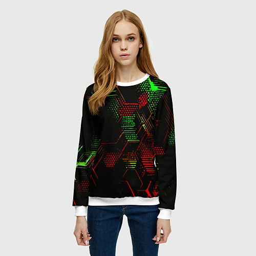 Женский свитшот Красно-зелёные точки и линии на чёрном фоне / 3D-Белый – фото 3