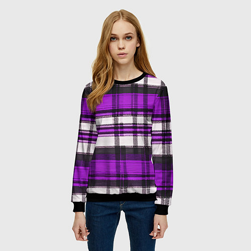 Женский свитшот Фиолетово-белая ткань в клетку / 3D-Черный – фото 3