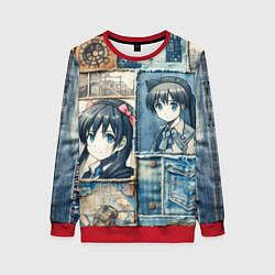 Свитшот женский Пэчворк деним и аниме, цвет: 3D-красный