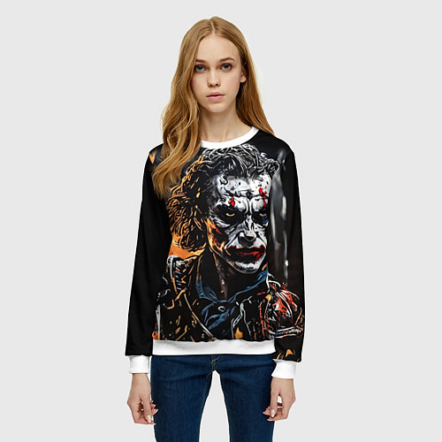 Женский свитшот Джокер на фоне огня / 3D-Белый – фото 3