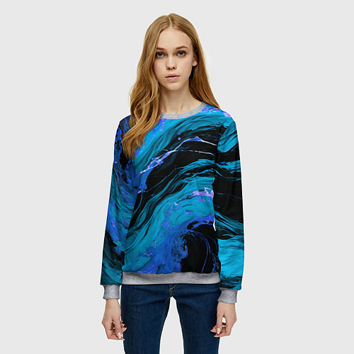 Женский свитшот Синие брызги на чёрном фоне / 3D-Меланж – фото 3