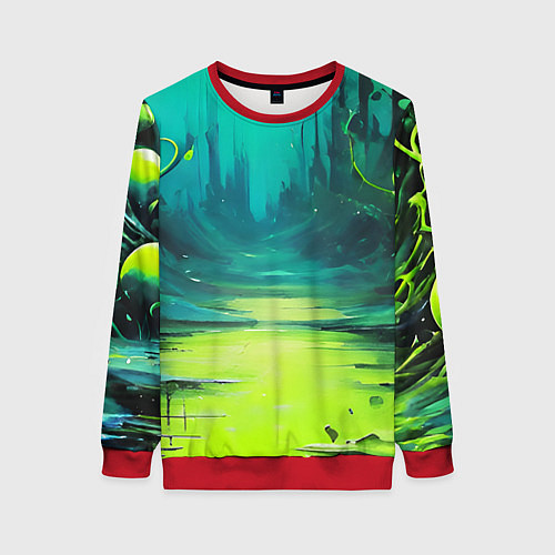 Женский свитшот Зелёная кислотная абстракция / 3D-Красный – фото 1