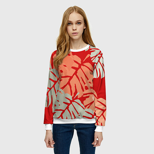 Женский свитшот Отпечатки монстеры на красном / 3D-Белый – фото 3