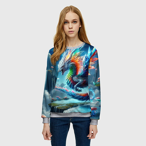 Женский свитшот Полигональный дракон на планете водопадов и грибов / 3D-Меланж – фото 3