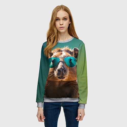 Женский свитшот Капибара на зеленом фоне / 3D-Меланж – фото 3