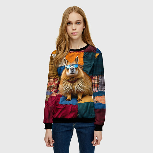 Женский свитшот Яркий пэчворк с капибарой / 3D-Черный – фото 3