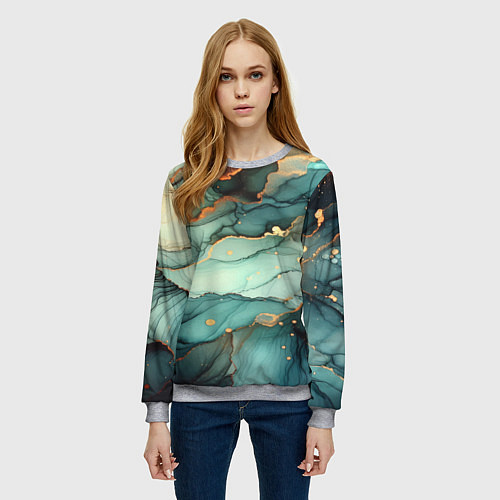 Женский свитшот Бирюзовый узор с оранжевыми вставками / 3D-Меланж – фото 3