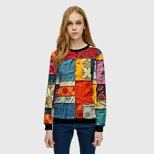 Женский свитшот Пэчворк из ярких тканей / 3D-Черный – фото 3