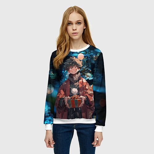 Женский свитшот Новогодний Мидория - Моя геройская академия / 3D-Белый – фото 3