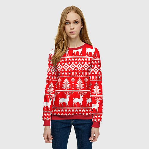 Женский свитшот Новогодние мотивы елки и олени на красном / 3D-Красный – фото 3