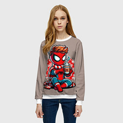 Свитшот женский Новогодний человек-паук с горячим шоколадом, цвет: 3D-белый — фото 2