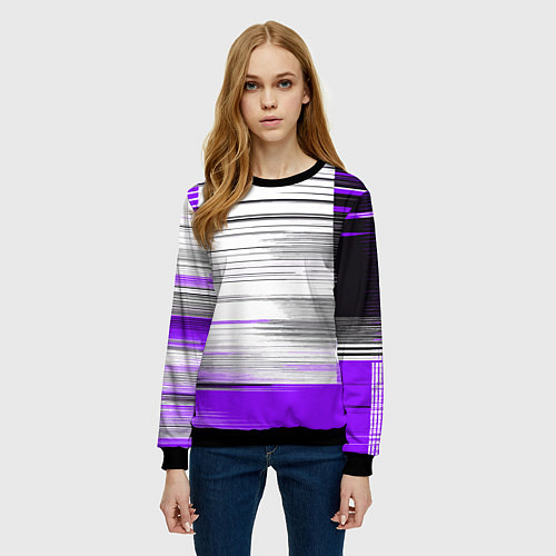 Женский свитшот Чёрные вертикальные полосы на фиолетово-белом фоне / 3D-Черный – фото 3