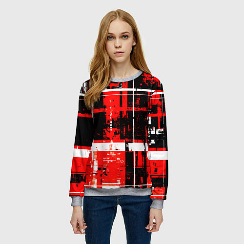 Женский свитшот Красно-белый гранж на чёрном фоне / 3D-Меланж – фото 3