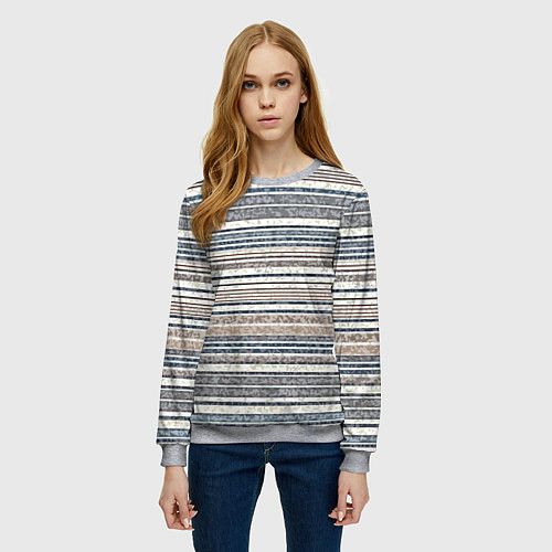 Женский свитшот Светлый бежевый с синим текстурированные полосы / 3D-Меланж – фото 3