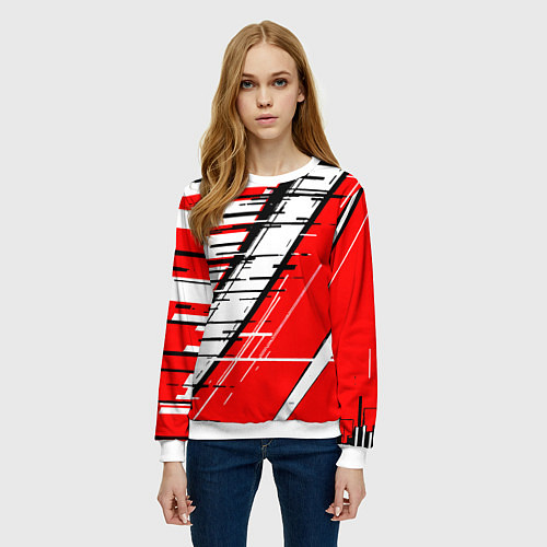 Женский свитшот Чёрно-белые глитч полосы на красном фоне / 3D-Белый – фото 3
