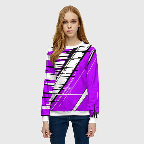 Женский свитшот Чёрно-белые глитч полосы на фиолетовом фоне / 3D-Белый – фото 3