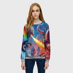 Свитшот женский Огнедышащий дракон против осьминога - нейроарт фан, цвет: 3D-меланж — фото 2