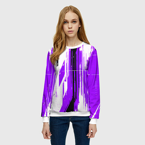 Женский свитшот Вертикальные чёрно-белые линии на фиолетовом фоне / 3D-Белый – фото 3