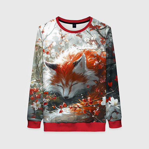 Женский свитшот Милая лисичка в лесу / 3D-Красный – фото 1
