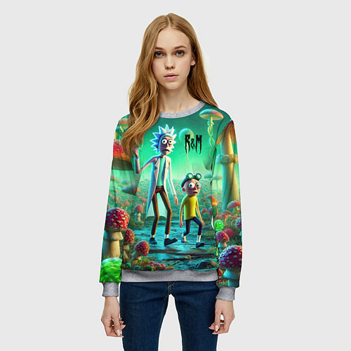Женский свитшот Рик и Морти изучают планету мухоморов - нейроарт ф / 3D-Меланж – фото 3
