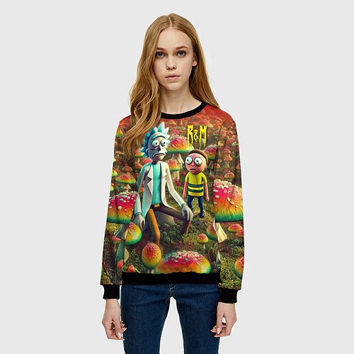 Женский свитшот Рик и Морти заблудились в мухоморном поле / 3D-Черный – фото 3