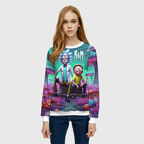 Женский свитшот Рик и Морту на сказочной грибной планете - нейроар / 3D-Белый – фото 3
