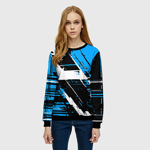 Женский свитшот Diagonal black and white stripes on a blue backgro / 3D-Черный – фото 3