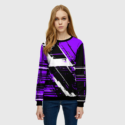 Женский свитшот Diagonal black and white stripes on a purple backg / 3D-Черный – фото 3