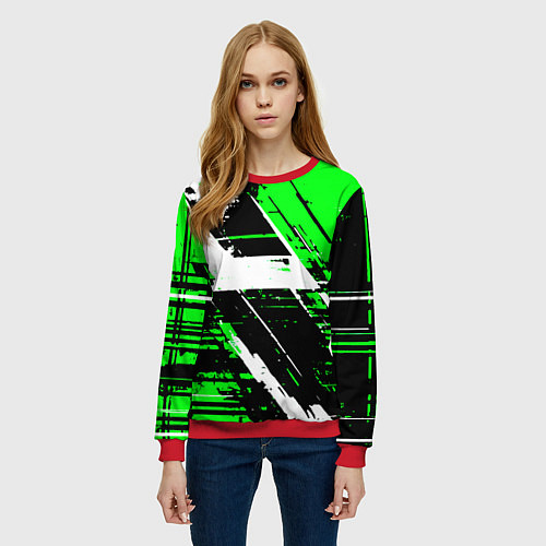 Женский свитшот Diagonal black and white stripes on a green backgr / 3D-Красный – фото 3