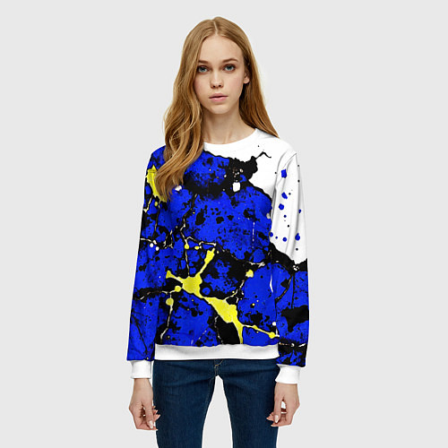 Женский свитшот Сине-жёлтая абстракция на белом фоне / 3D-Белый – фото 3