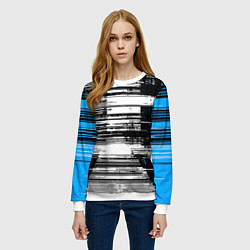 Свитшот женский Горизонтальные чёрные линии на бело-синем фоне, цвет: 3D-белый — фото 2