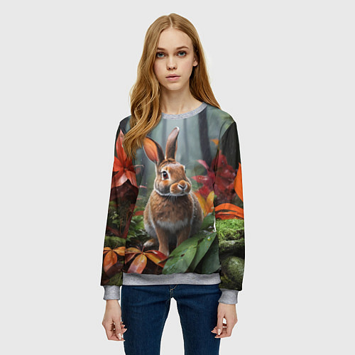 Женский свитшот Кролик в дождливом лесу / 3D-Меланж – фото 3