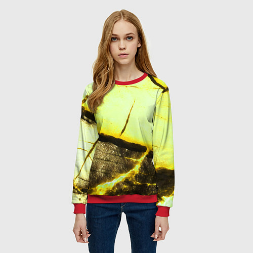Женский свитшот Трещины на абстрактном жёлтом фоне / 3D-Красный – фото 3