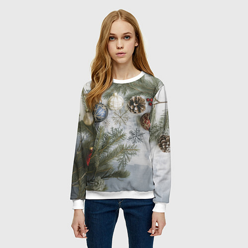 Женский свитшот Новогодние ветки / 3D-Белый – фото 3