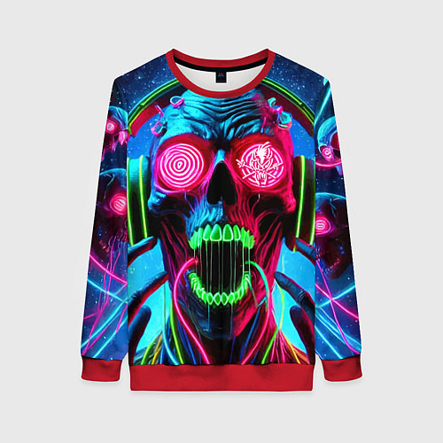 Женский свитшот Metallica - neon skull with headphones / 3D-Красный – фото 1