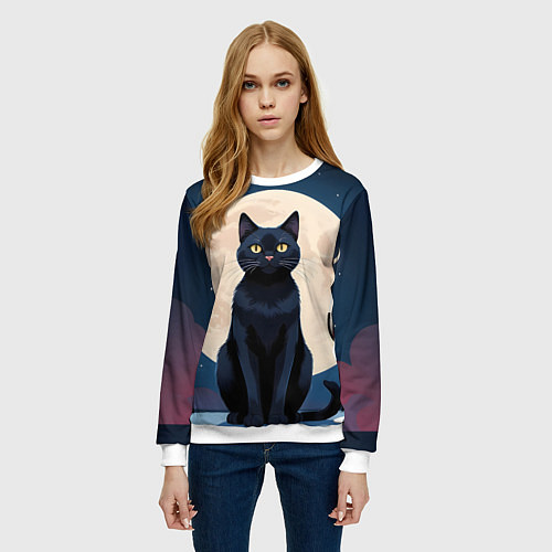 Женский свитшот Кот с вином под луной / 3D-Белый – фото 3