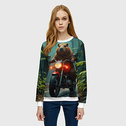 Свитшот женский Капибара на мотоцикле в джунглях, цвет: 3D-белый — фото 2