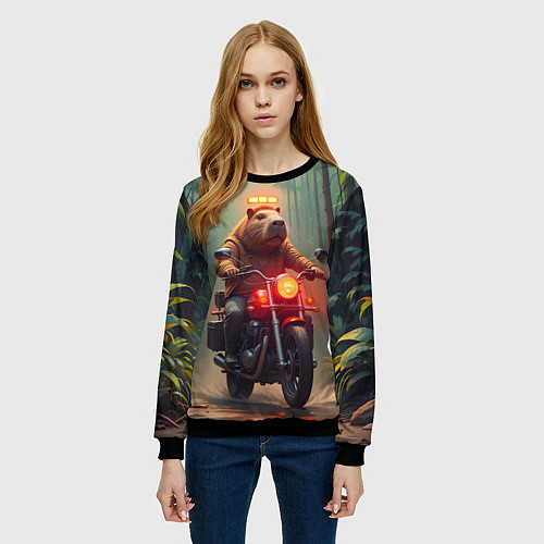 Женский свитшот Байкер капибара в джунглях / 3D-Черный – фото 3