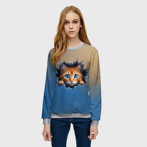 Женский свитшот Выглядывающий котенок / 3D-Меланж – фото 3